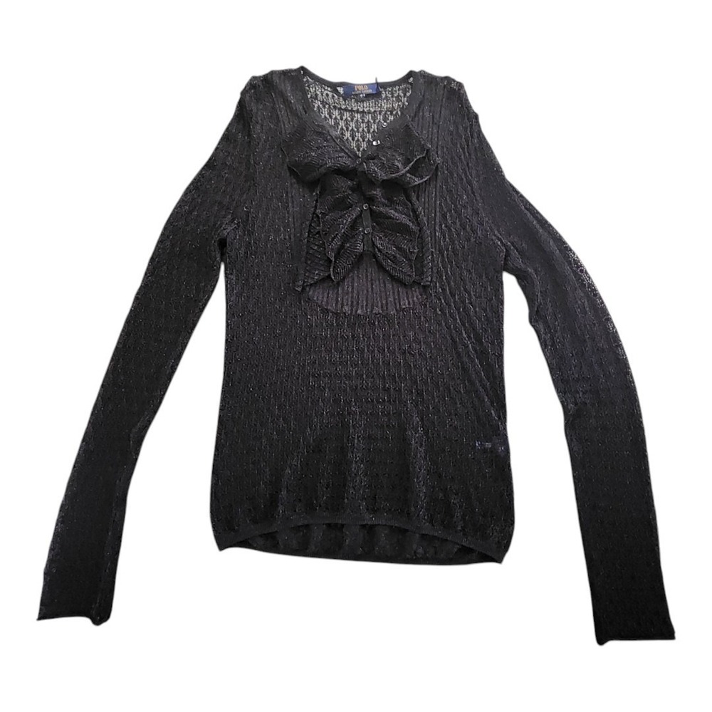Polo Ralph Lauren Crochet Mesh Lace Frill Top Woman's Size XL Semi-sheer Shimmer